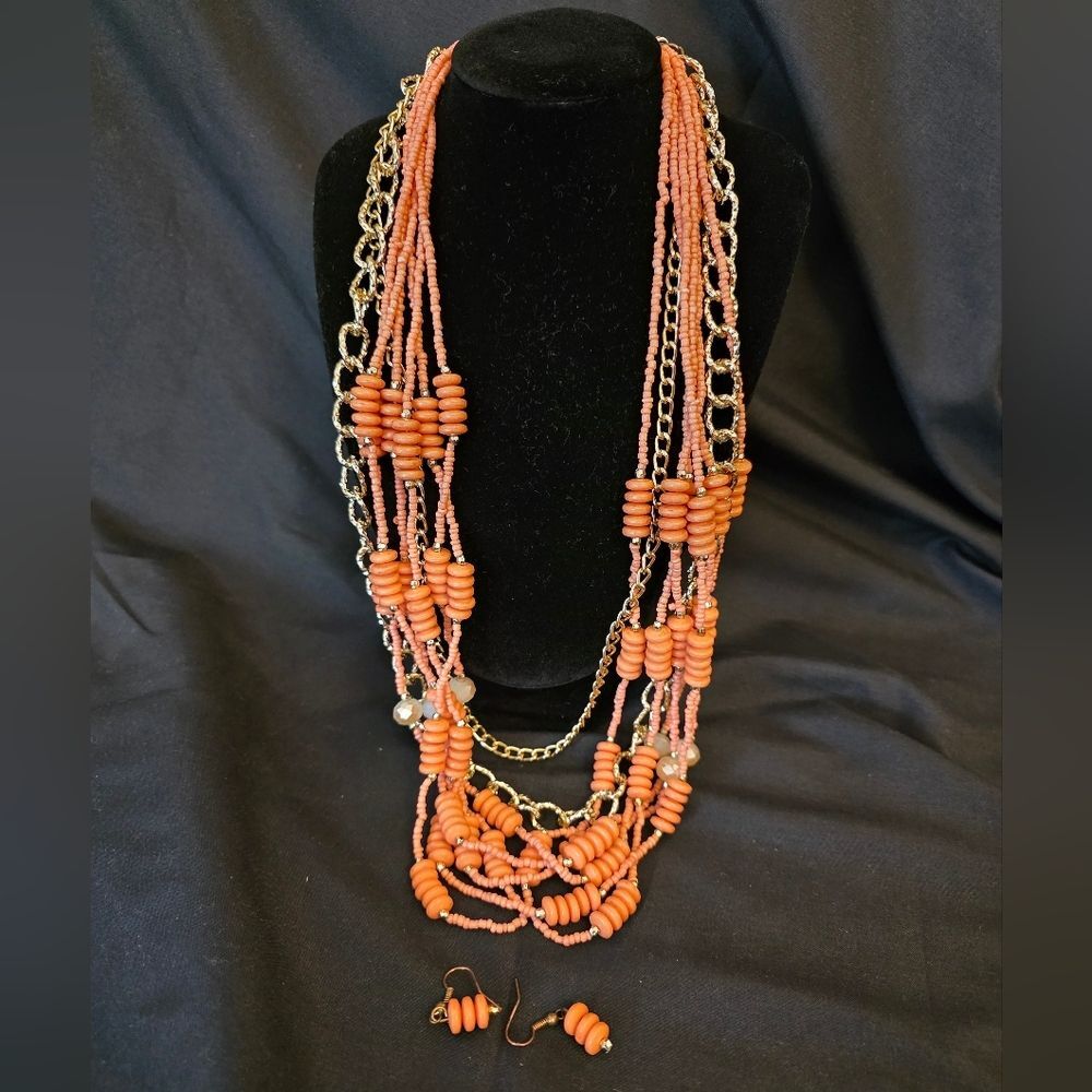 Multi-Strand Orange Beaded & Gold-Tone Chain Necklace with Matching Earrings